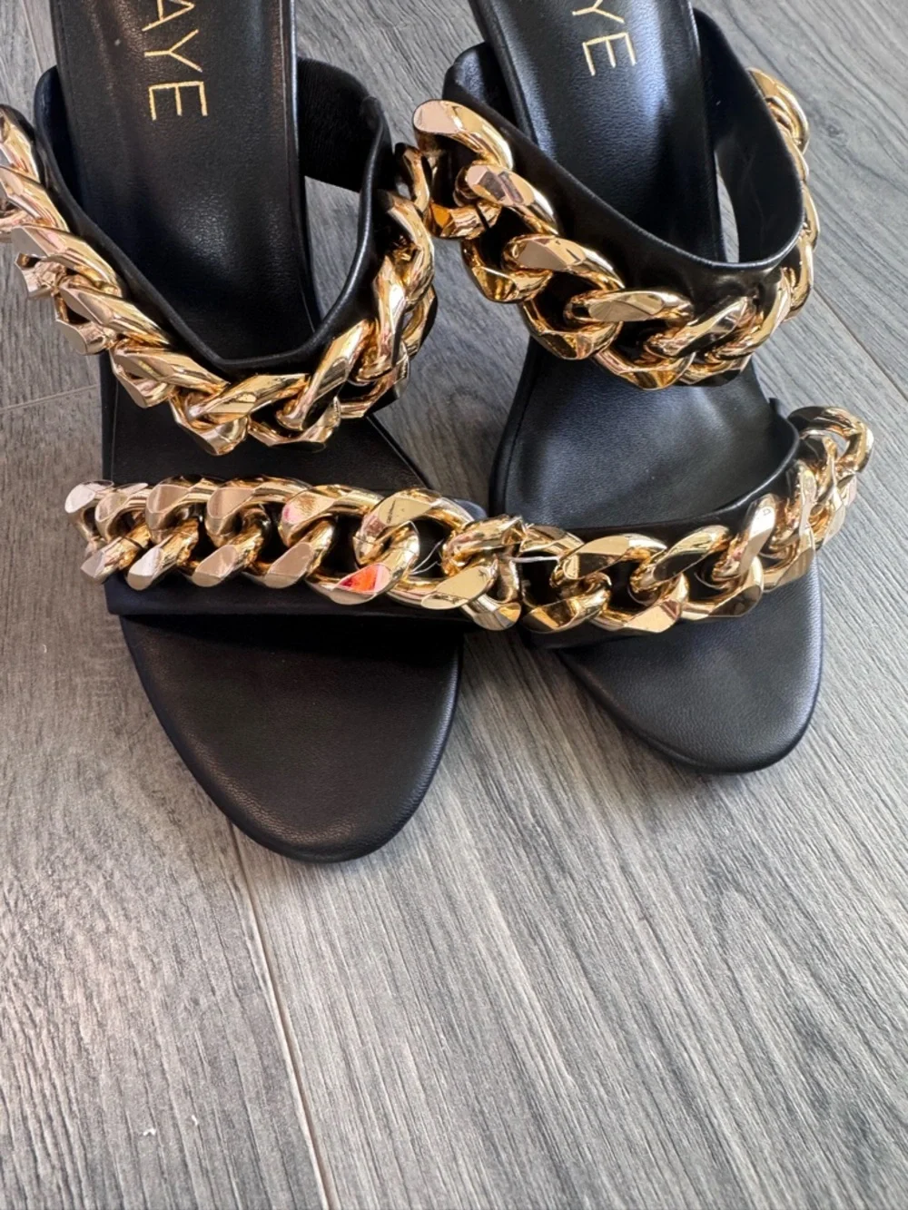 RAYE Deux Heel in Black Stiletto Slide Gold Chain Straps 5.5